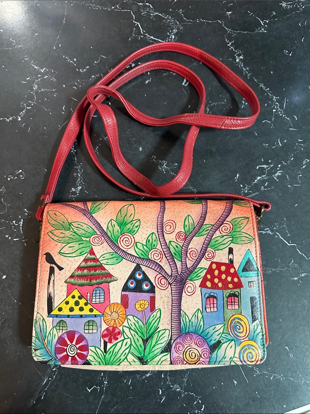 Anuschka hand-painted leather "Village of Dreams" Two Fold Wallet On aβ String